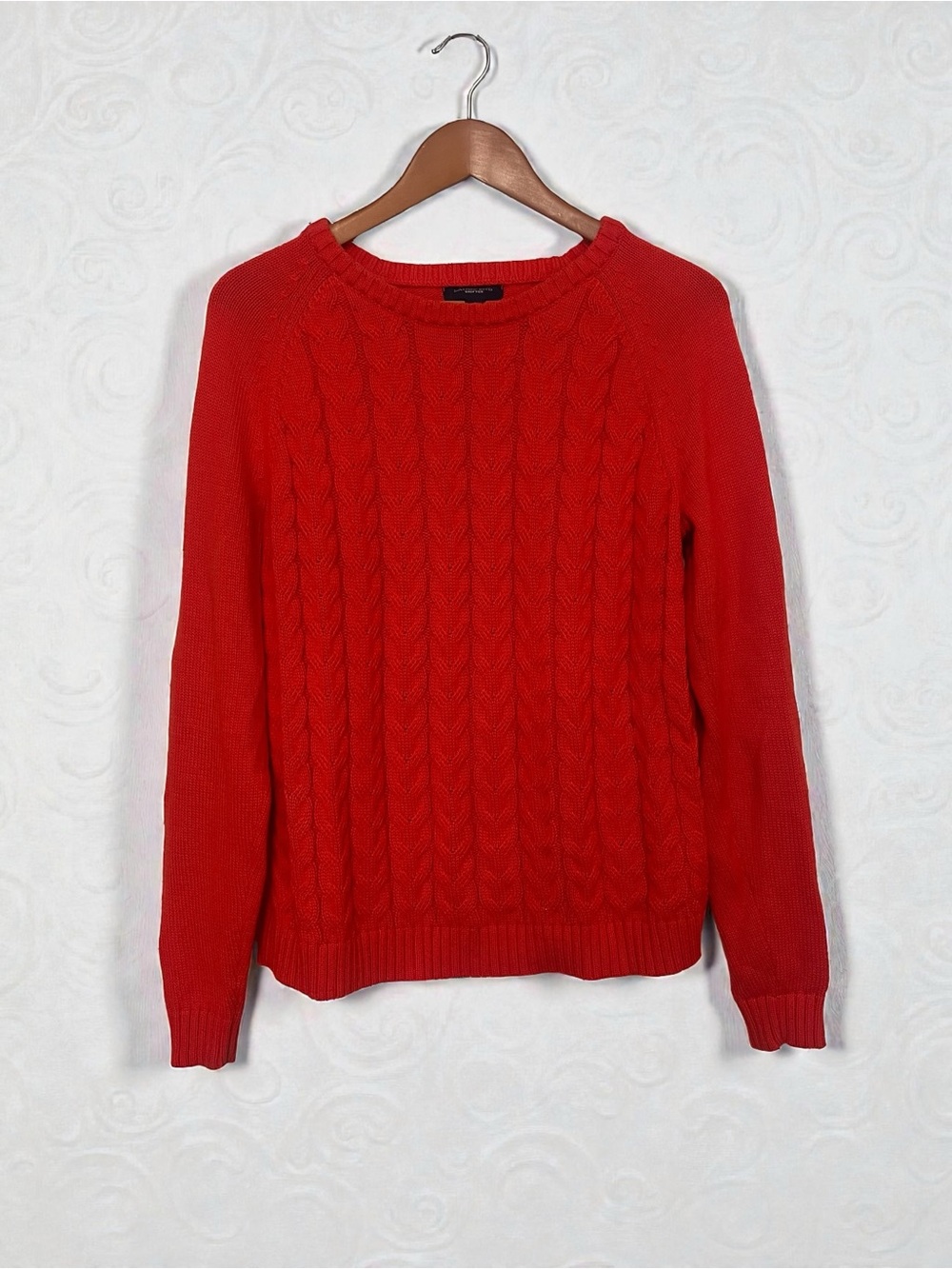 Lands End Red 100% Cotton Drifter Classic Cable Knit Sweater size L - Picture 2 of 10